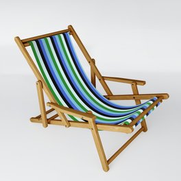 [ Thumbnail: Eyecatching Royal Blue, Sky Blue, Forest Green, Light Cyan, and Black Colored Lines/Stripes Pattern Sling Chair ]