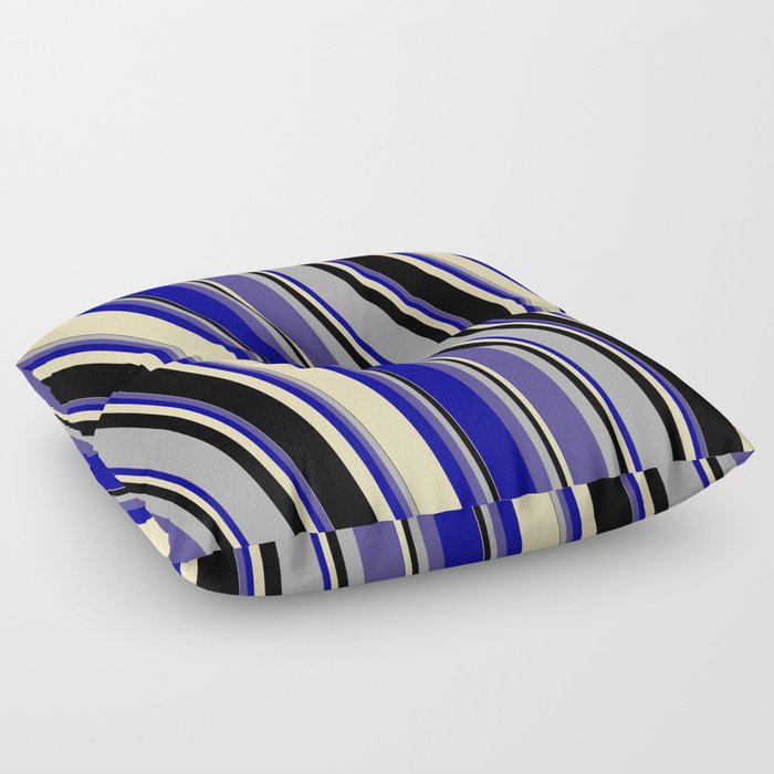 Dark Gray, Dark Slate Blue, Dark Blue, Tan, and Black Colored Striped Pattern Floor Pillow