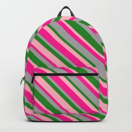 [ Thumbnail: Deep Pink, Dark Gray, Forest Green, and Light Pink Colored Lines/Stripes Pattern Backpack ]