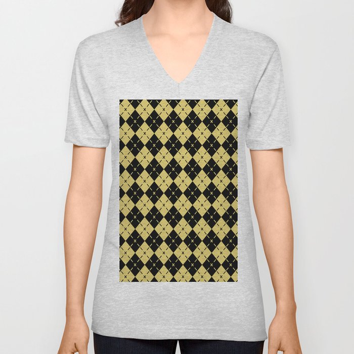 Mustard Yellow And Black Argyle Pattern,Geometric Diamond Abstract, V Neck T Shirt