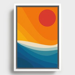 Abstract colorful landscape with wavy sea and sun Framed Canvas