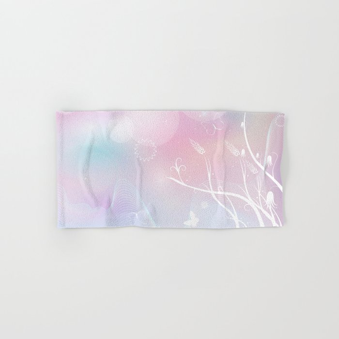 Floral Background With Flowers Leaves Bird And Branches Of Blooming Tree Stylized Garden In Tints Hand Bath Towel By Panaceadoll