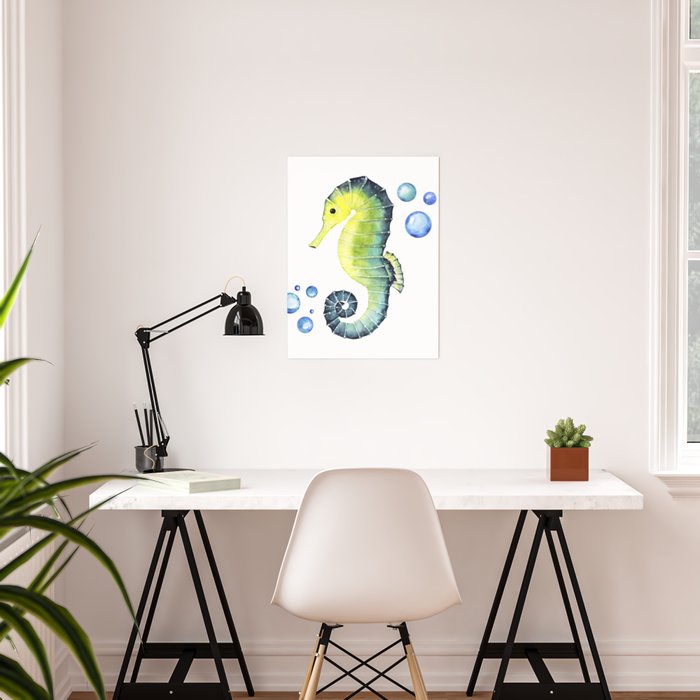 Abstract Watercolor Seahorse Bubbles On White Minimalist Coastal Art Coast Sea Beach Shore Poster By Thomaskay