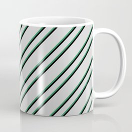 [ Thumbnail: Light Grey, Sea Green, and Black Colored Pattern of Stripes Coffee Mug ]