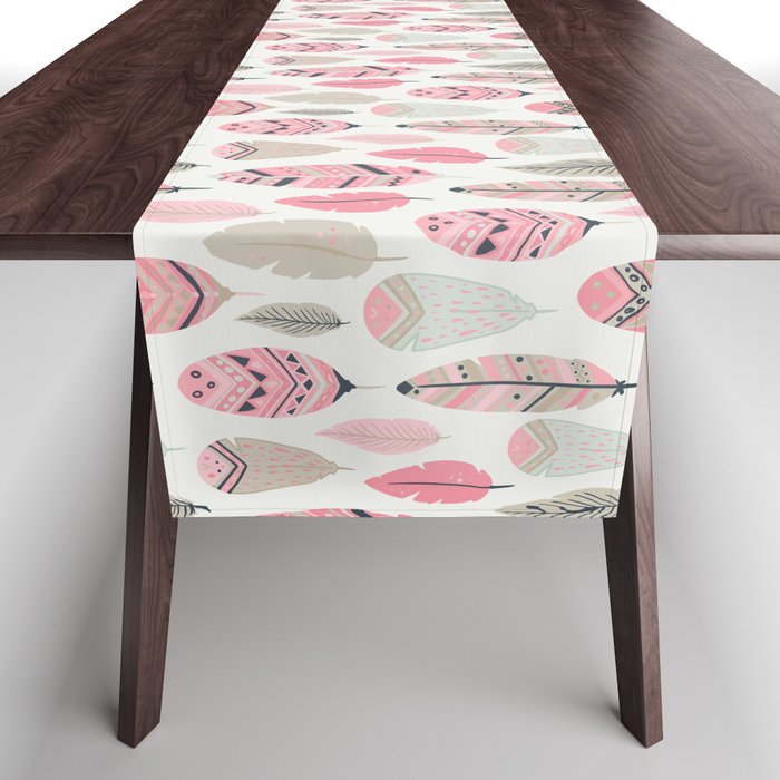 Coral Pink and Navy Boho Tribal Feathers Table Runner