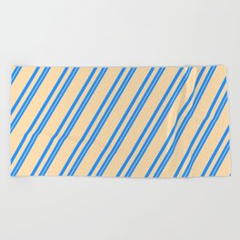 [ Thumbnail: Blue and Tan Colored Stripes Pattern Beach Towel ]