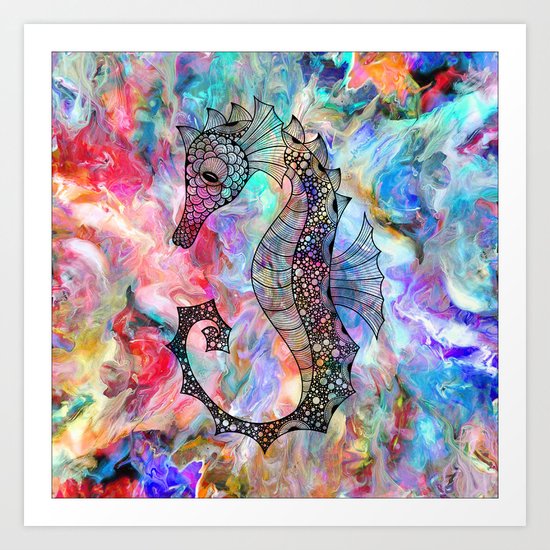 Drawn Seahorse on Colors Art Print