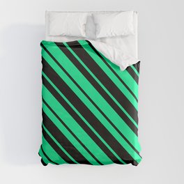 [ Thumbnail: Green and Black Colored Striped Pattern Duvet Cover ]