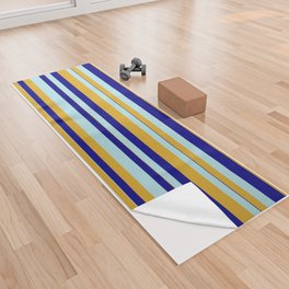 [ Thumbnail: Powder Blue, Goldenrod, and Blue Colored Striped Pattern Yoga Towel ]
