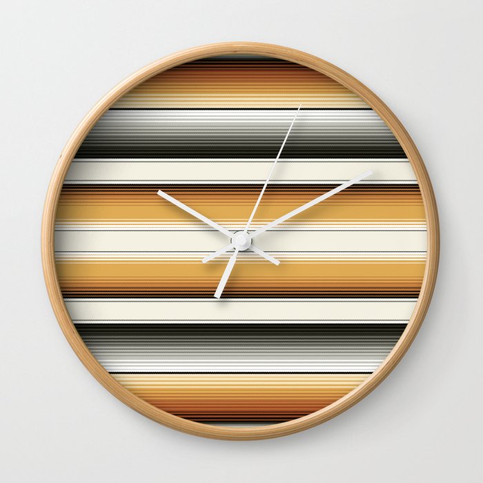 Navajo White, Gray, Black and Amber Brown Southwest Serape Blanket Stripes Wall Clock