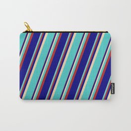 [ Thumbnail: Tan, Turquoise, Red & Blue Colored Lined Pattern Carry-All Pouch ]