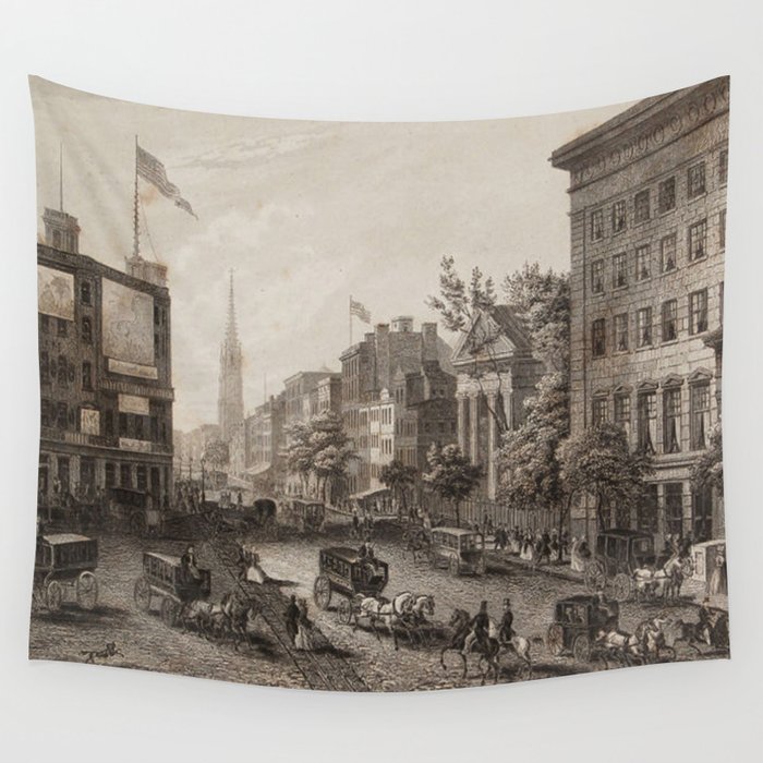 Vintage Broadway NYC Illustration (1840) Wall Tapestry