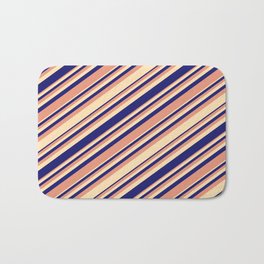 [ Thumbnail: Dark Salmon, Beige, and Midnight Blue Colored Pattern of Stripes Bath Mat ]