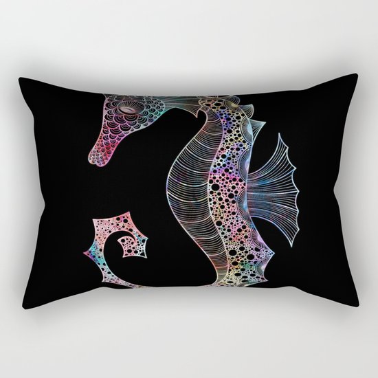 Drawn Seahorse on Black Rectangular Pillow