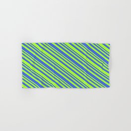 [ Thumbnail: Light Green & Royal Blue Colored Lines/Stripes Pattern Hand & Bath Towel ]