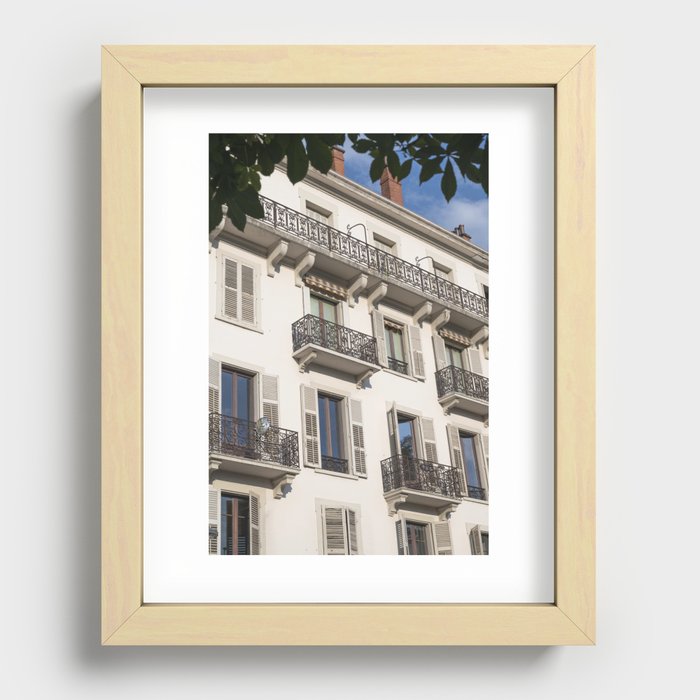 Paris balcony in the summer art print - blue sky french street and travel photography Recessed Framed Print