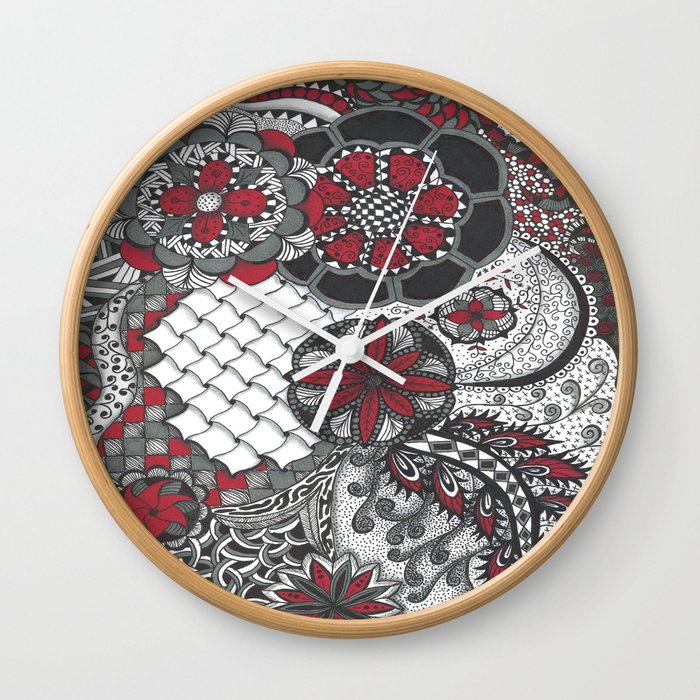 Black and red flower doodle Wall Clock