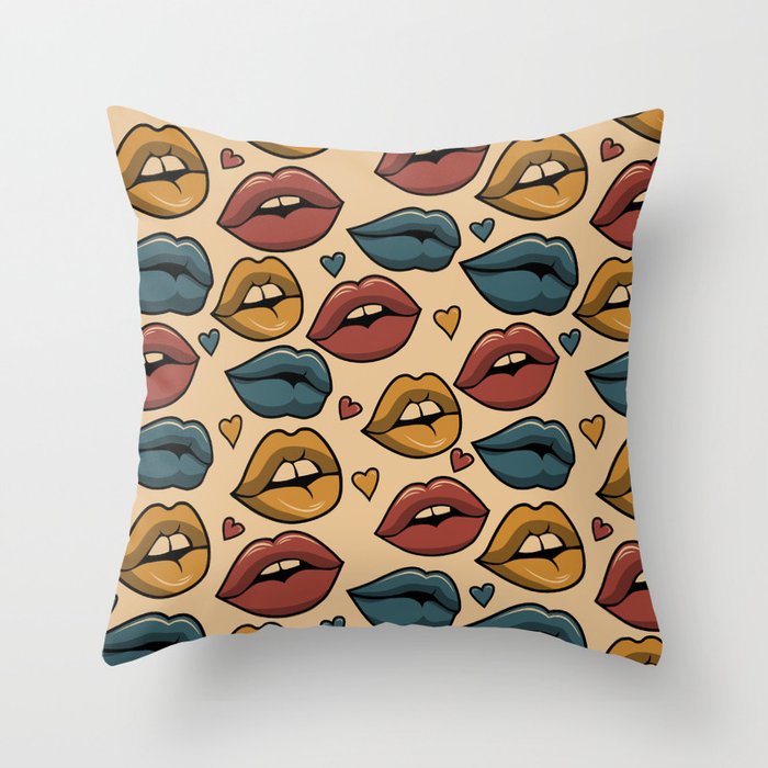 Retro Vibrant Lips Pattern - Dull Throw Pillow