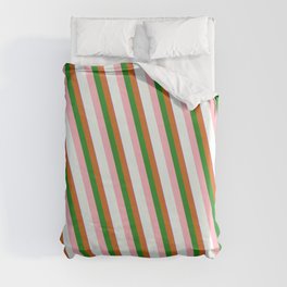[ Thumbnail: Orchid, Chocolate, Forest Green, Light Pink & Mint Cream Colored Striped/Lined Pattern Duvet Cover ]