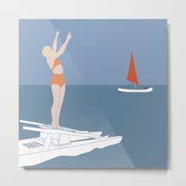 Stessa spiaggia stesso mare Metal Print | Sea Lover, Swimming, Vintage Style, Summer, Illustration, Pastel, Painting, Bathers, Boats, Sails 