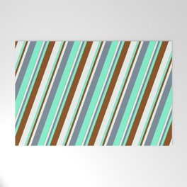 [ Thumbnail: Light Slate Gray, Aquamarine, Brown & Mint Cream Colored Stripes/Lines Pattern Welcome Mat ]