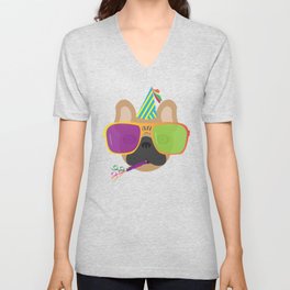 Party French Bulldog With Party hat and Colorful Sunglasses V Neck T Shirt