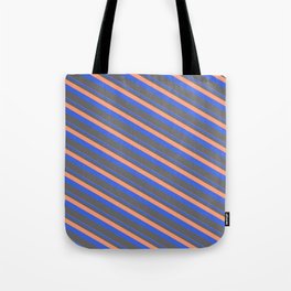 [ Thumbnail: Light Salmon, Royal Blue & Dim Gray Colored Pattern of Stripes Tote Bag ]