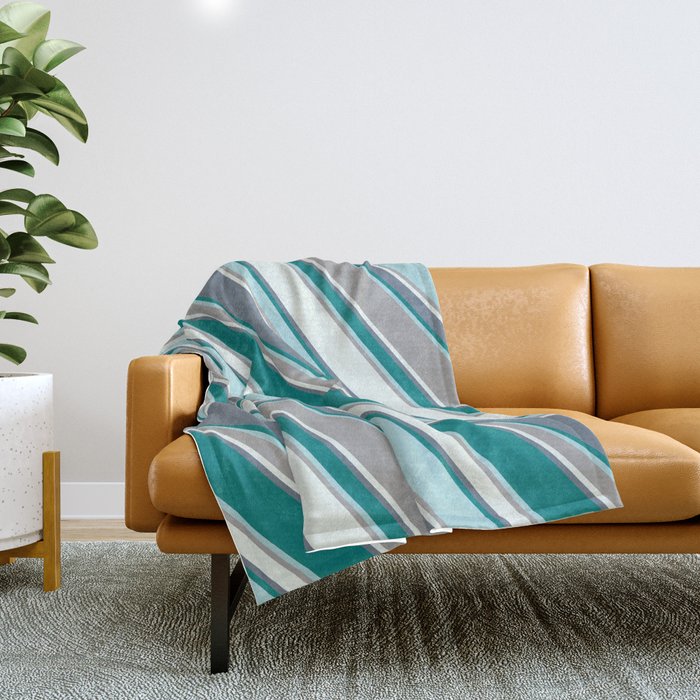 Slate Gray, Teal, Powder Blue, Dark Grey, and Mint Cream Colored Lines/Stripes Pattern Throw Blanket