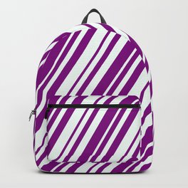[ Thumbnail: Mint Cream & Purple Colored Stripes Pattern Backpack ]