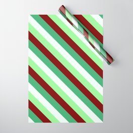 [ Thumbnail: Green, Maroon, Sea Green, and Mint Cream Colored Stripes Pattern Wrapping Paper ]