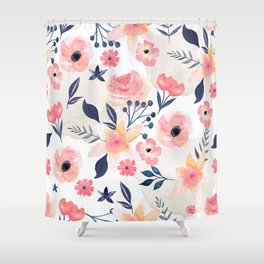 Coral and Navy Floral Design Shower Curtain