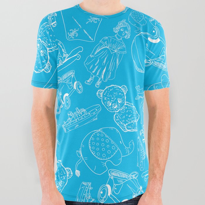 Turquoise and White Toys Outline Pattern All Over Graphic Tee