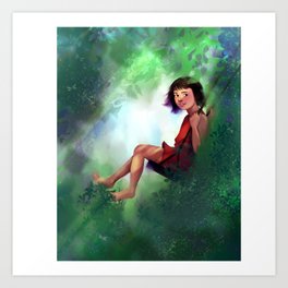 Girl Swinging in the Trees in a Red Dress Art Print