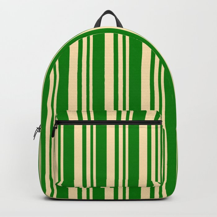 Beige and Green Colored Lined/Striped Pattern Backpack