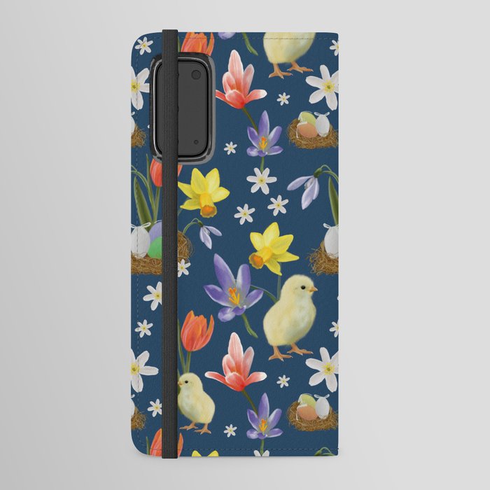 Colorful pattern with easter chicks, easter nests, tulips, daffodils, crocuses, wood anemones Android Wallet Case