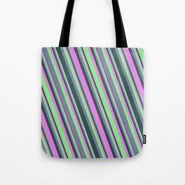 [ Thumbnail: Violet, Light Green, Light Slate Gray, and Dark Slate Gray Colored Lined Pattern Tote Bag ]