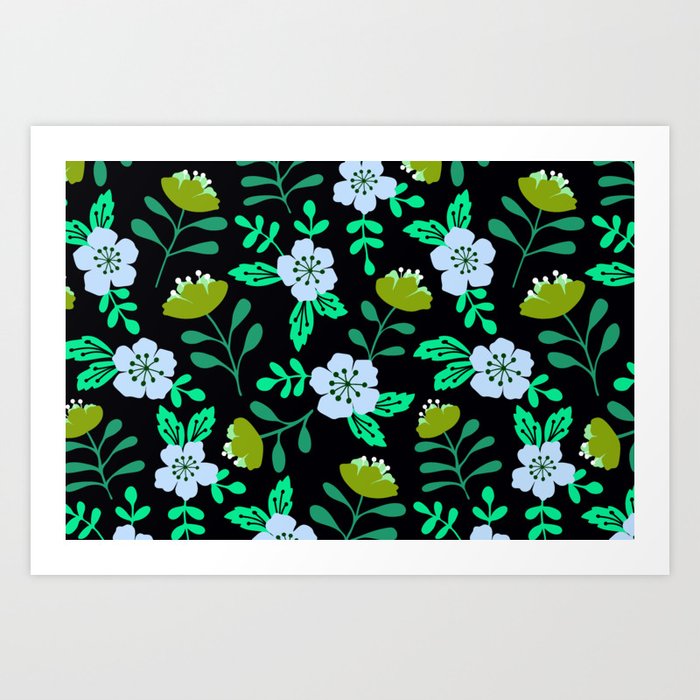 Bold sakura flowers in green and black Art Print