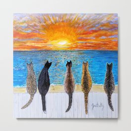 Cat Beach Sunset - Fiery Sky Metal Print | Siamesecat, Beachsunset, Catsonfence, Straycats, Catsunset, Tomcats, Sunsetpainting, Catpainting, Painting, Redsunset 
