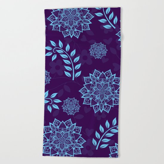 Mandalas & Leaves Pattern Blue Purple Beach Towel