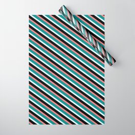 [ Thumbnail: Light Coral, Dark Cyan, Light Cyan, and Black Colored Lined/Striped Pattern Wrapping Paper ]