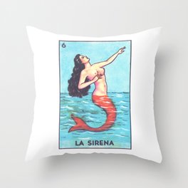 Vintage Mexican Loteria Card, La Sirena, Retro Mermaid Throw Pillow