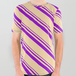 [ Thumbnail: Dark Violet and Tan Colored Stripes/Lines Pattern All Over Graphic Tee ]