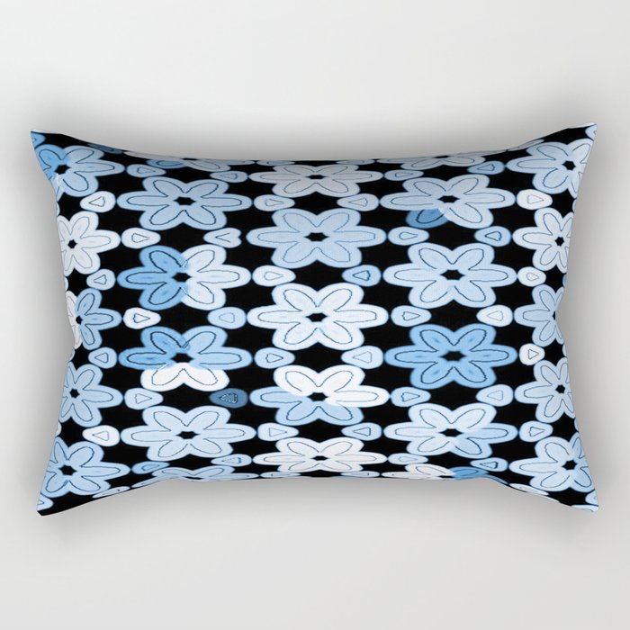 Multicolor Modern Blue and White Daisies on Black Rectangular Pillow