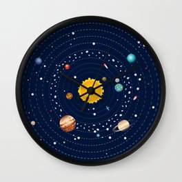 Cartoon illustration of solar system and planets around sun Wall Clock