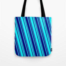 [ Thumbnail: Cyan & Blue Colored Lined Pattern Tote Bag ]