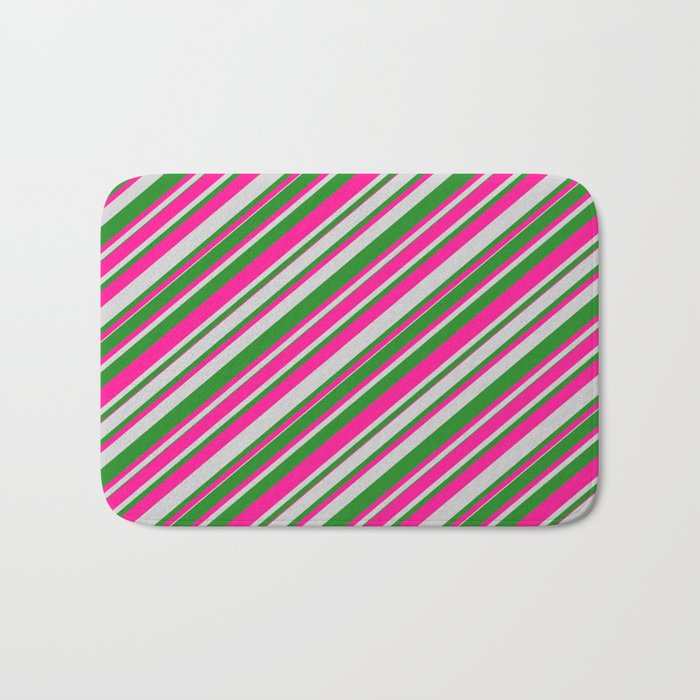 Deep Pink, Light Grey, and Forest Green Colored Lines Pattern Bath Mat