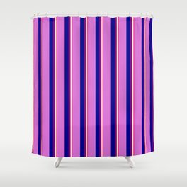 [ Thumbnail: Deep Pink, Beige, Purple, Dark Blue, and Orchid Colored Stripes Pattern Shower Curtain ]