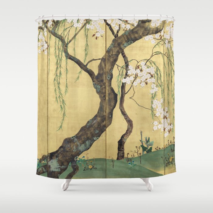 Cherry Tree Japanese Edo Period Six-Panel Gold Leaf Screen Shower Curtain