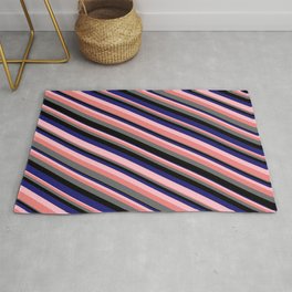 [ Thumbnail: Eye-catching Pink, Light Coral, Dim Grey, Black, and Midnight Blue Colored Stripes Pattern Rug ]