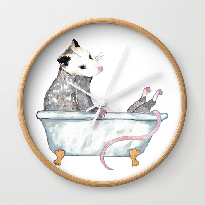 Opossum taking bath watercolor painting Wall Clock
